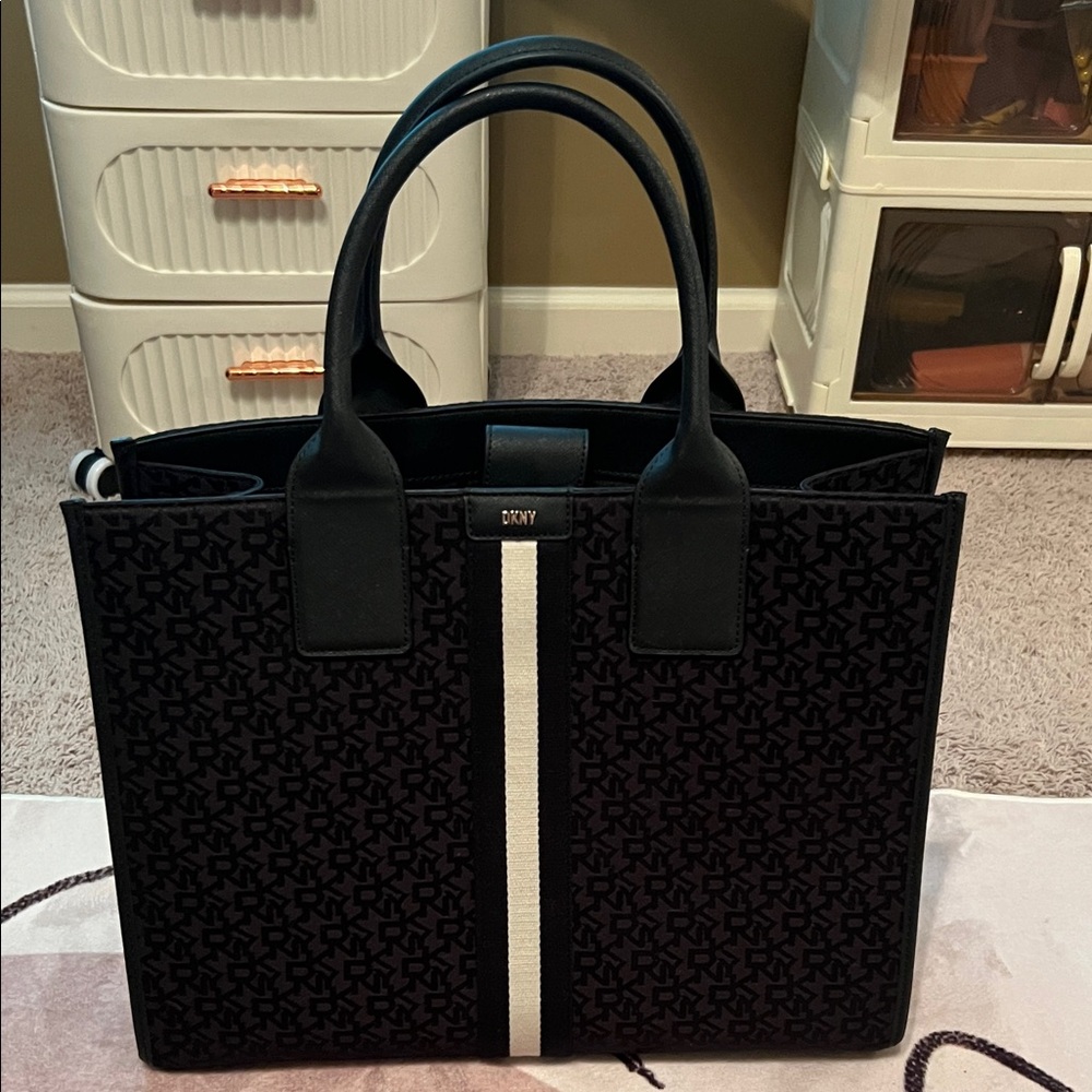 DKNY Black Tote with White Stripe
